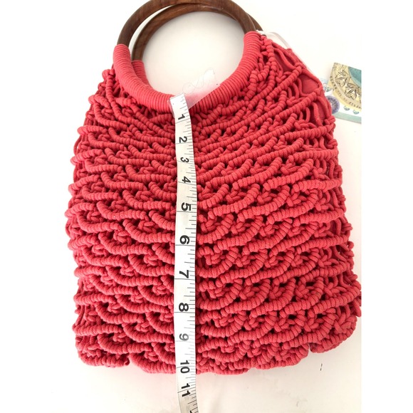 Sigrid Olsen Handcrafted Coral Crochet Tote Wooden Handles Resort Bag Lined NWT - Picture 7 of 16